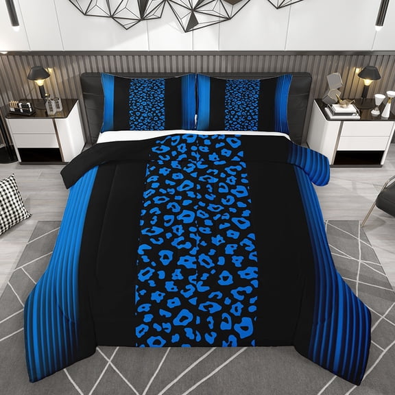 Homewish Navy Leopard Print Queen Comforter Set for Female, Chic Stripe Abstract Bedding Sets, Modern Fashion Art Reversible Bedding Comforter Set, Lightweight Room Decor, 3pcs