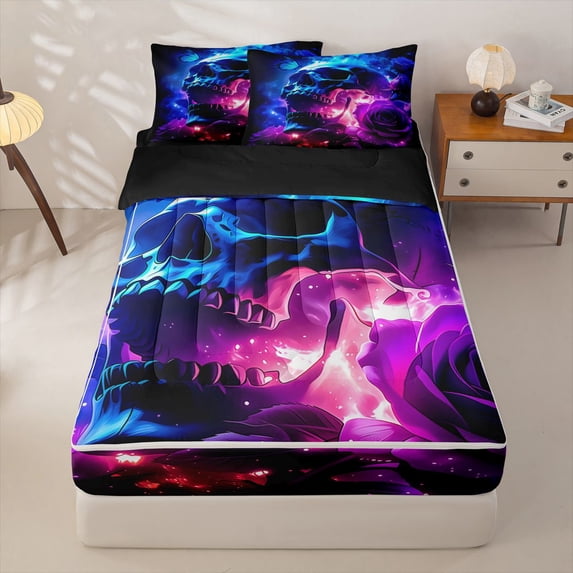 Homewish Navy Purple Neon Skull Zipper Twin Comforter Sets with Fitted Sheet and 2 Pillowcases,Rose Floral Butterfly Zipper Bedding Set,Halloween Bed Set,Black Reversible,4pcs