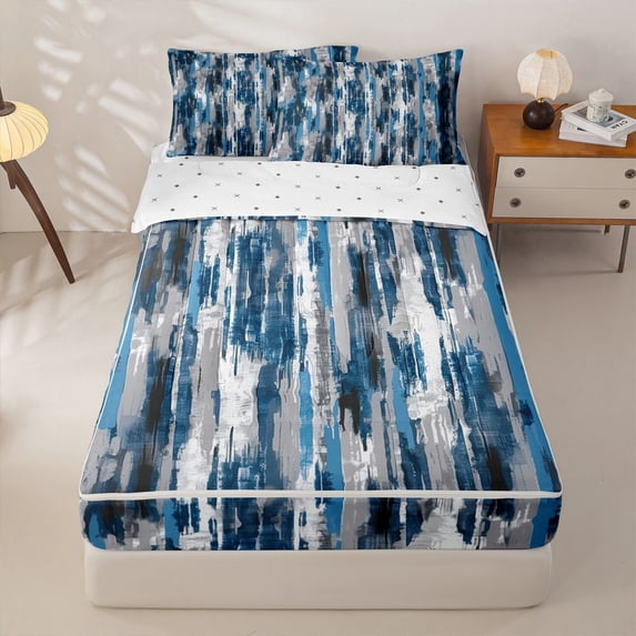 Homewish Navy Zipper Queen Comforter Set with Fitted Sheet and 2 Pillowcases,Classic Abstract Geometric Zipper Bedding Set,Reversible,4pcs