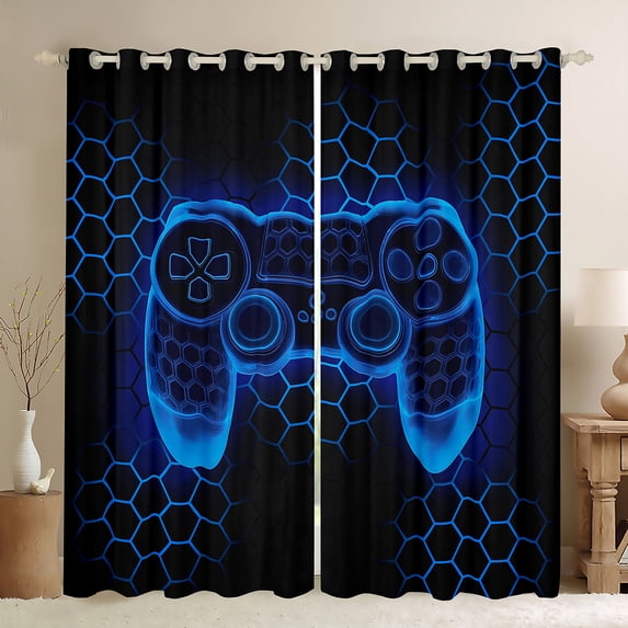 Homewish Neon Blue Gamepad Black Out Curtains for Boy, Chic Honeycomb Abstract Curtains Pack of 2 (42x63 Each), Modern Video Game Bedroom Curtains, Window Curtains Home Decor