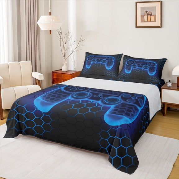 Homewish Neon Blue Gamepad Full Size Sheets for Boy, Chic Honeycomb Abstract Bed Sheets, Modern Video Game Sheet Sets, Breathable Home Decor, 4 Pieces