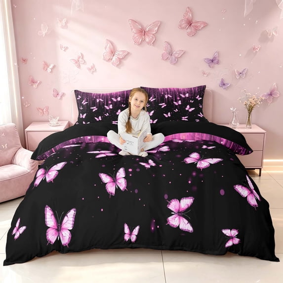 Homewish Neon Butterfly Bedding for Girls, Black Pink Duvet Cover Full, Black Reversible, 3 Piece 1 Duvet Cover and 2 Pillowcases
