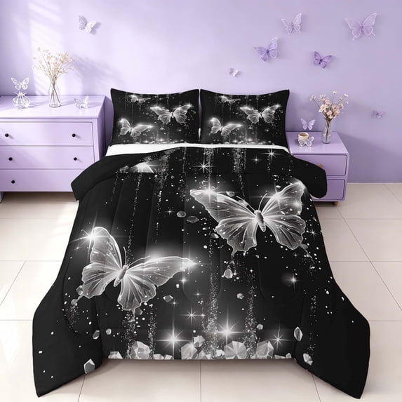 Homewish Neon Butterfly Queen Comforter Set for Girls, Glowing Stars Comforter Sets Queen, Black White, Black Reversible, 3 Pieces 1 Comforter and 2 Pillowcases