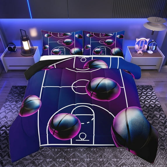 Homewish Neon Cartoon Basketball Queen Comforter Set, Eat Sleep Sports Bedding Sets, Teens Kids Boys Reversible Bedding Comforter Set, Ultra Soft Bedroom Decor, 3 Pieces