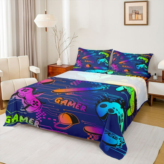 Homewish Cartoon Gamepad Queen Sheet Kids Sets, Skateboard Sports Flat Sheet, 4 Pieces