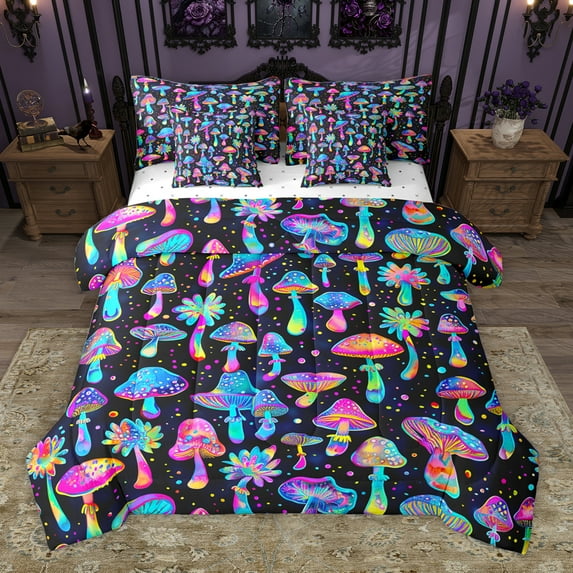 Homewish Neon Cartoon Mushroom 7-Piece Bedding Comforter Set,Colorful Polka Dots King Bedding Sets,Blue Pink Black Bed Sheets For Girls Kids,Super Cozy Room Decor