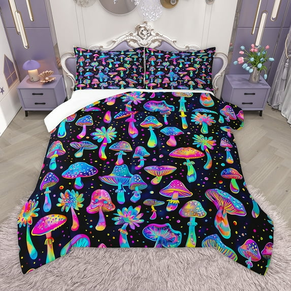 Homewish Neon Cartoon Mushroom Queen Comforter Set,Colorful Polka Dots Bedding Sets,Blue Pink Black Bedding Comforter Set For Girls Kids,Super Cozy Room Decor,3pcs