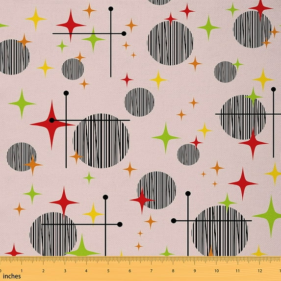 Homewish Neon Circular Geometric Fabric by the Yard 2 Yard, Minimalist Stripes Aesthetic Room Decor Fabric by the Yard,Red Green Stars Print Fabric for Sewing For Girls Kids,Microfiber Bedroom Decor