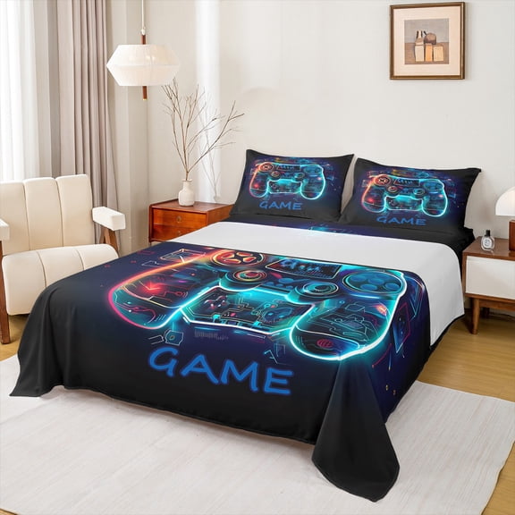 Homewish Neon Cyan Gamepad Twin Sheet Sets, Futuristic Square Abstract Twin Fitted Sheet, Teens Kids Boys Child Flat Sheet, Ultra Soft Bedroom Decor, 3 Pieces