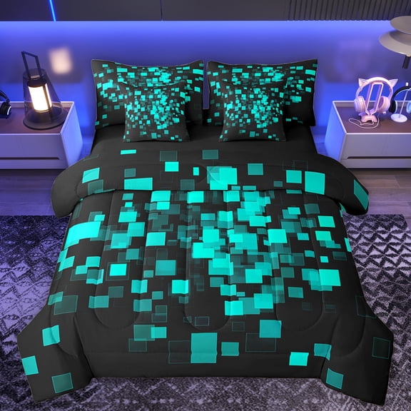 Homewish Neon Cyan Rectangle Twin Bedding Sets 7-Piece for Adult, Chic Abstract Ombre Bedding Comforter Set, Modern Honeycomb Reversible Sheet Sets, Luxury Bedroom Decor
