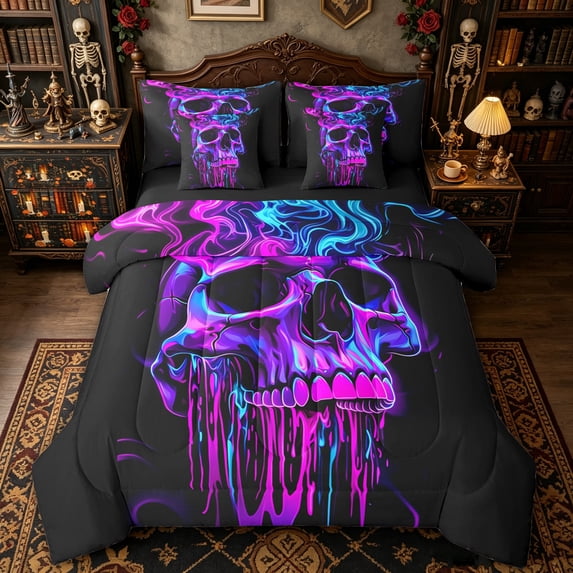 Homewish Neon Cyber Drip Skull King Bedding for Kids, Modern Swirl Gothic King Bed in a Bag, Black Reversible, 7pcs