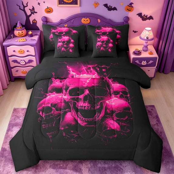 Homewish Neon Dark Halloween Skull 7-Piece Twin Bedding,Pink Lightning Crack Pattern Bedding Comforter Set,Black Hot Pink,Black Reversible