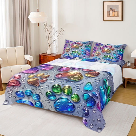 Homewish Neon Dog Paws Queen Sheets,Cartoon Pet Queen Sheet Sets,Gray,4-Piece,1 Flat Sheet, 1 Fitted Sheet and 2 Pillowcases