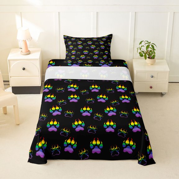 Homewish Neon Dog Paws Twin Sheets,Rainbow Stripe Bedding,Black,3pcs,1 Fitted Sheet and 1 Pillowcase