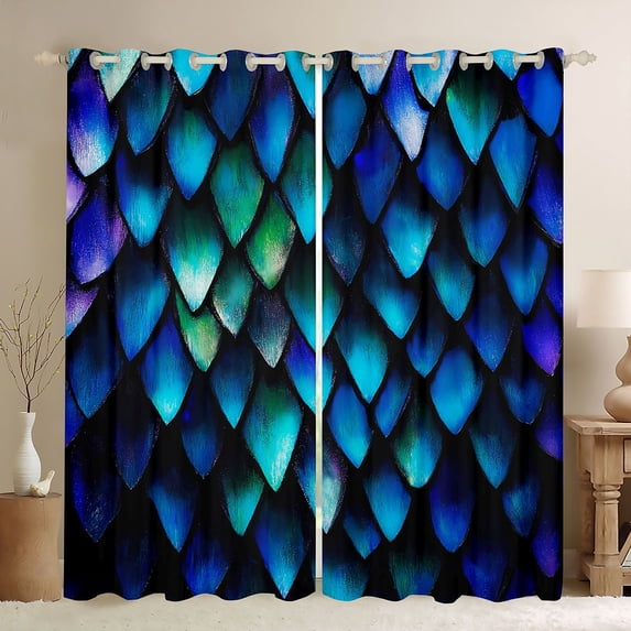 Homewish Neon Dragon Scales Kitchen Curtains,Vintage Animal Black Out Curtains Pack of 2 (42x63 Each),Green Blue