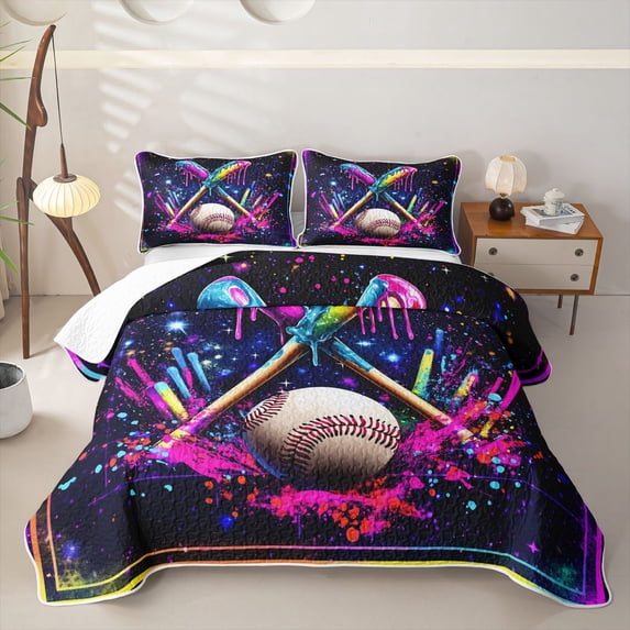 Homewish Neon Frame Baseball Quilt King, Cute Sport King Coverlet Set for Girls and Boys, 3pcs, 1 Comforter and 2 Pillowcases