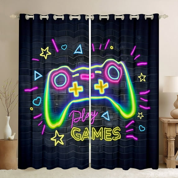 Homewish Neon Game Consol Blackout Curtains Set of 2 (52x84 Each) for Boys, Play Games Window Curtains, Neutral Cartoon Gamepad Curtains and Drapes, Blackout Curtains Room Decor