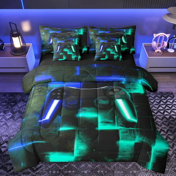 Homewish Neon Game Console Bedding Comforter Set 7 Pieces for Boys, Neon Blue Cyan Square Full Bedding Set, Futuristic Gamepad Reversible Fitted Sheet Flat Sheet, Super Cozy Room Decor
