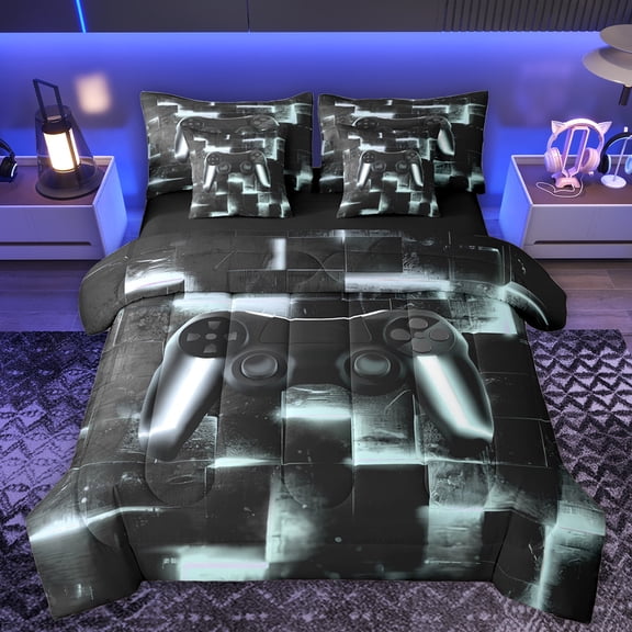 Homewish Neon Game Console Twin Bedding Sets 7-Piece for Boys, Neon Light Blue Square Bedding Comforter Set, Futuristic Gamepad Reversible Sheet Sets, Microfiber Bedroom Decor