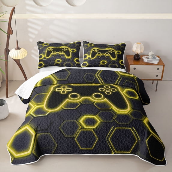 Homewish Neon Game Controller Quilt King,Glowing Hexagon King Coverlet Set,Yellow,3 Pieces