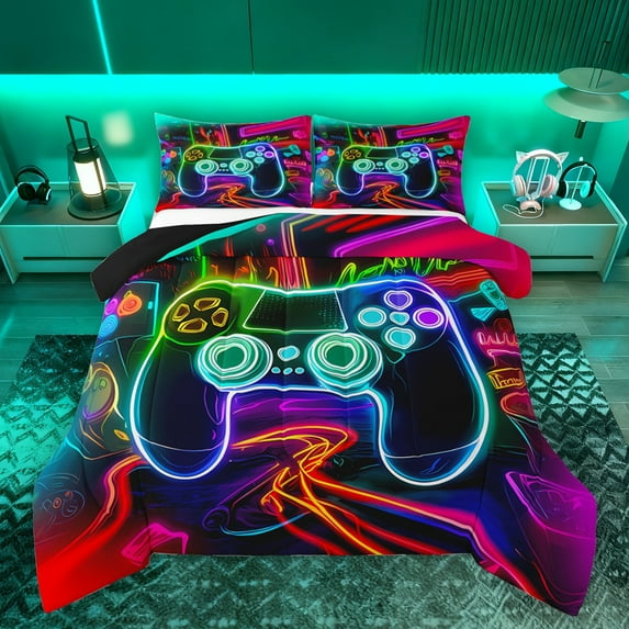 Homewish Neon Gamepad Gamer Queen Comforter Set, Futuristic Square Abstract Bedding Sets, Teens Kids Boys Child Reversible Bedding Comforter Set, Luxury Bedroom Decor, 3 Pieces