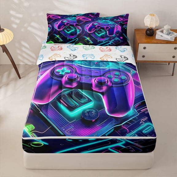 Homewish Neon Gamepad Print Zipper Twin Comforter Sets with Fitted Sheet and 2 Pillowcases For Boys,Gaming Gamer Zipper Bedding Set,Gamepad Reversible,4-Piece