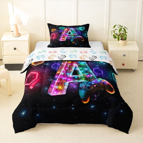 Homewish Neon Gaming Letter A Twin Comforter Sets,Geometric Hexagon Bedding Set,Colorful Gamepad Reversible,2pcs,1 Comforter and 1 Pillowcase