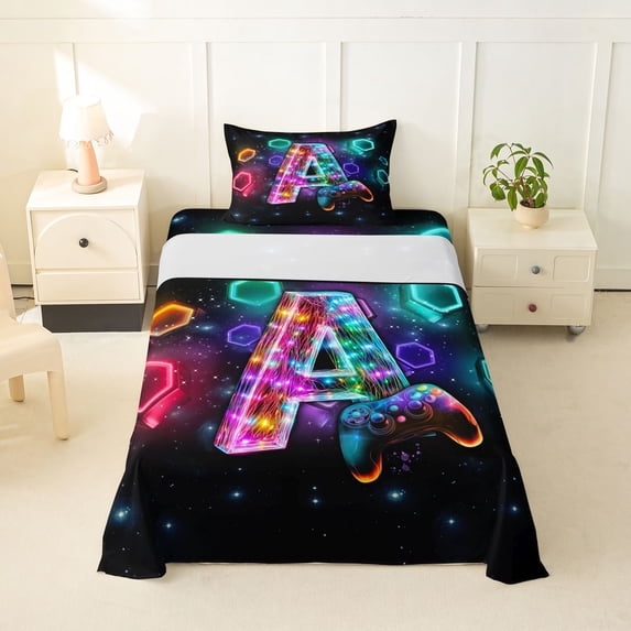 Homewish Neon Gaming Letter A Twin Sheets,Geometric Hexagon Bedding,3pcs,1 Fitted Sheet and 1 Pillowcase
