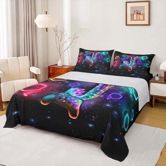 Homewish Neon Gaming Letter J Bed Sheets,Modern Esports Gamepad Full Size Sheets,Purple Green,4-Piece,1 Flat Sheet, 1 Fitted Sheet and 2 Pillowcases
