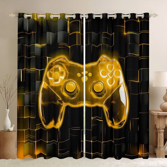 Homewish Neon Gold Gamepad Black Out Curtains for Teens, Futuristic Checkered Honeycomb Curtains Pack of 2 (42x63 Each), Game Console Bedroom Curtains, Blackout Curtains Room Decor
