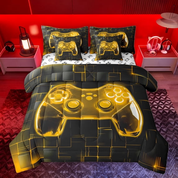 Homewish Neon Gold Gamepad Twin Bedding Sets 7-Piece for Teens, Futuristic Checkered Honeycomb Bedding Comforter Set, Game Console Reversible Sheet Sets, Lightweight Room Decor