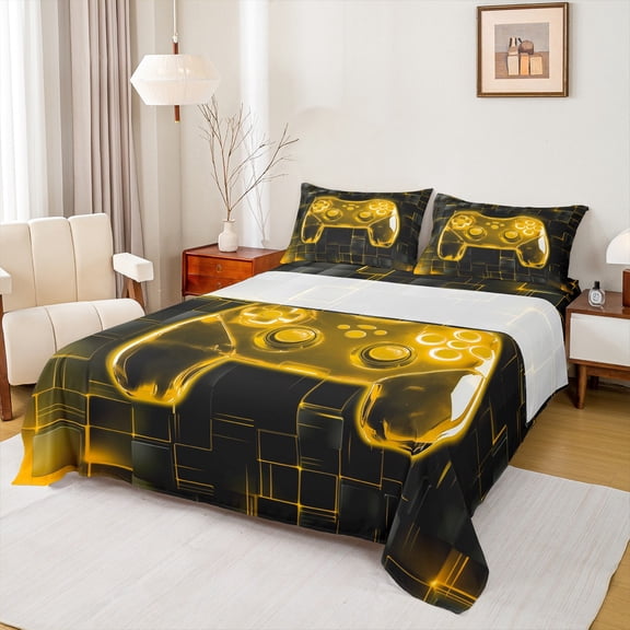Homewish Neon Gold Gamepad Twin Sheet Sets for Teens, Futuristic Checkered Honeycomb Twin Fitted Sheet, Game Console Flat Sheet, Lightweight Room Decor, 3 Pieces