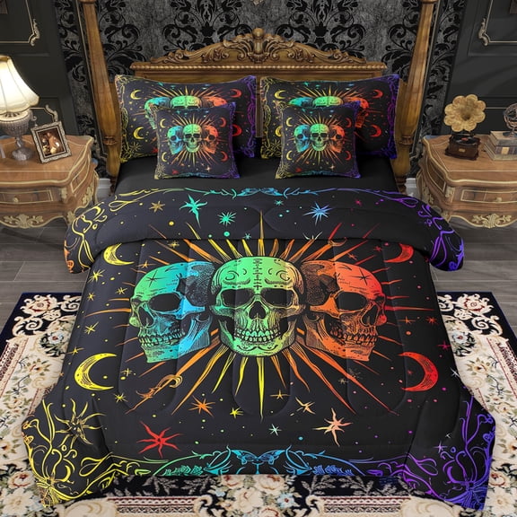 Homewish Neon Gothic Skeleton Bedding Comforter Set 7pcs, Hippie Bohemian Stars Galaxy King Bedding Sets, Mandala Plant Reversible Bed Sheets, Ultra Soft Bedroom Decor