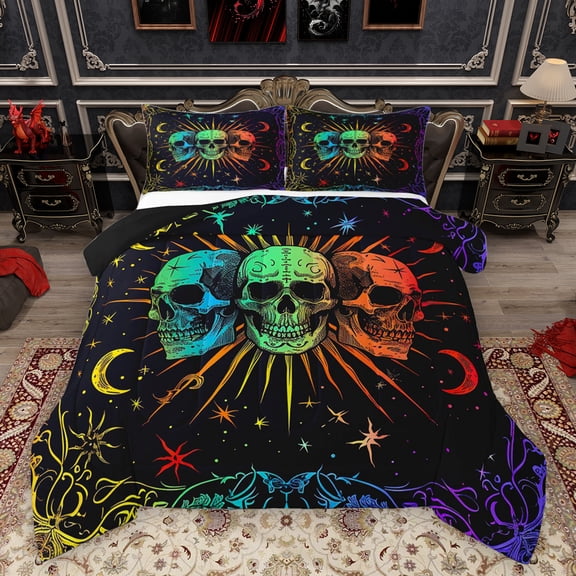 Homewish Neon Gothic Skeleton Queen Comforter Set, Hippie Bohemian Stars Galaxy Bedding Sets, Mandala Plant Reversible Bedding Comforter Set, Ultra Soft Bedroom Decor, 3 Pieces