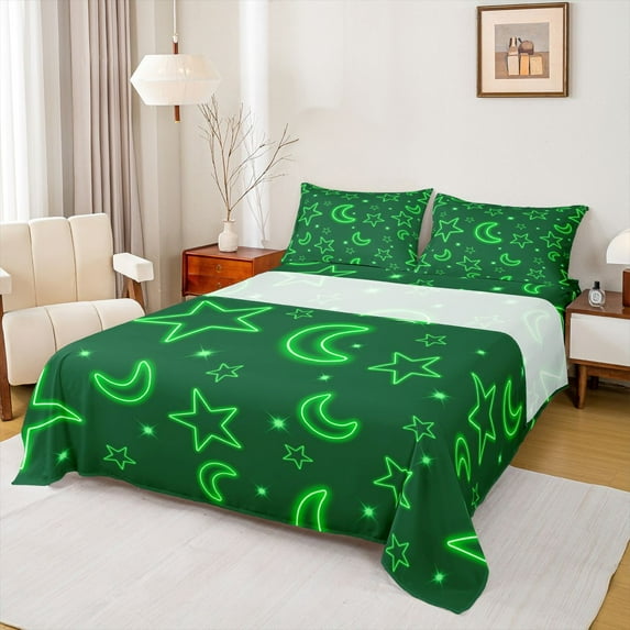 Homewish Neon Green Bed Sheets,Kawaii Stars Moon King Sheets,Cute Cartoon Pattern Sheet Set For Girl Boy,Ultra Soft Home Decor,4 Pieces