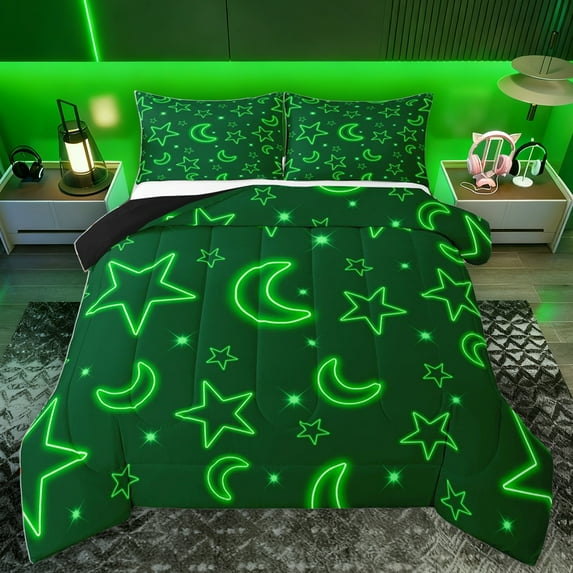 Homewish Neon Green Bedding Comforter Set,Kawaii Stars Moon Twin Comforter Sets,Cute Cartoon Pattern Bedding Set For Girl Boy,Ultra Soft Home Decor Reversible,2 Pieces