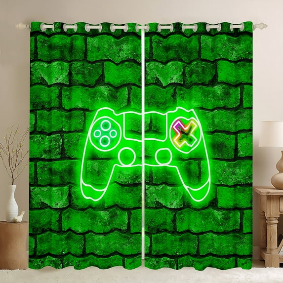 Homewish Neon Green Black Out Curtains,Game Console Curtains Pack of 2 (42x63 Each),Gamer Gaming Bedroom Curtains For Boys,Breathable Bedroom Decorative