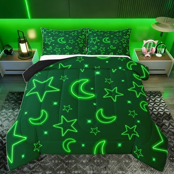 Homewish Neon Green Queen Comforter Set,Kawaii Stars Moon Bedding Sets,Cute Cartoon Pattern Bedding Comforter Set For Girl Boy,Ultra Soft Home Decor Reversible,3-Piece