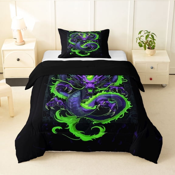 Homewish Neon Grunge Dragon Twin Comforter Sets,Purple Green Bedding Set,Black Reversible,2-Piece,1 Comforter and 1 Pillowcase