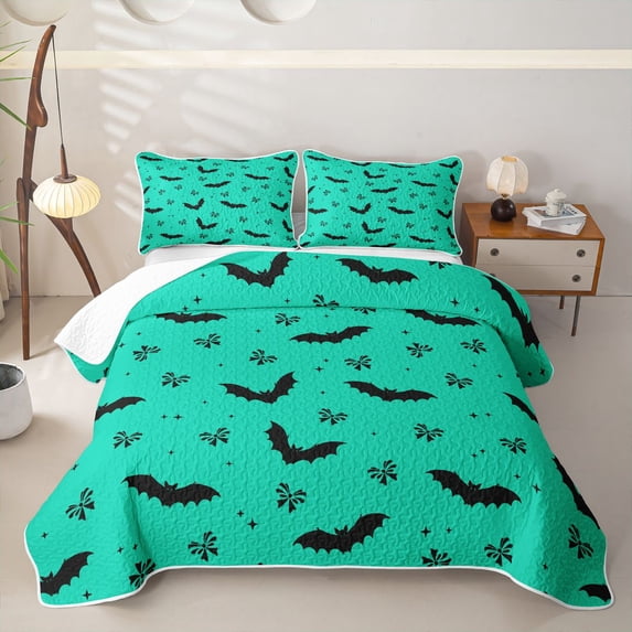 Homewish Neon Halloween Bat Quilt King,Mini Bow Print King Coverlet Set,Mint Green Black,3 Pieces