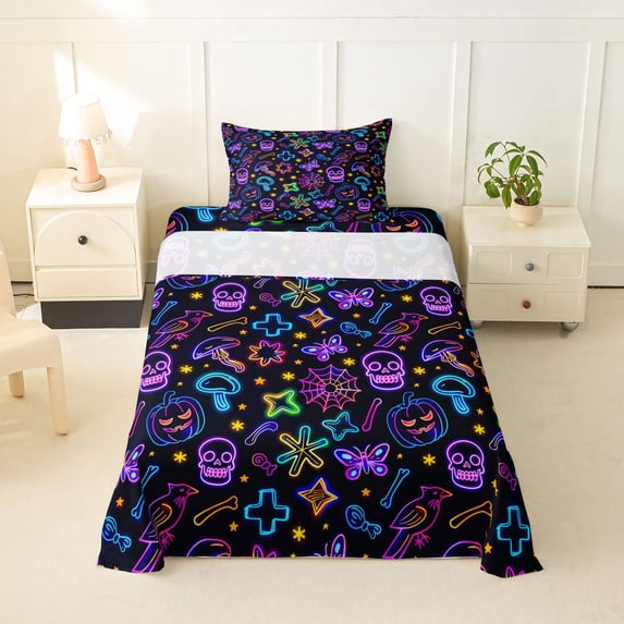 Homewish Neon Halloween Doodle Twin Sheets for Teens, Skull Bat Mushroom Party Print Bedding, 3-Piece, 1 Flat Sheet, 1 Fitted Sheet and 1 Pillowcase