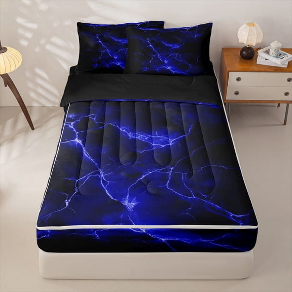 Homewish Neon Navy Lightning Zipper Queen Comforter Set with Fitted Sheet and 2 Pillowcases,Aesthetic Artwork Zipper Bedding Set,Black Reversible,4pcs