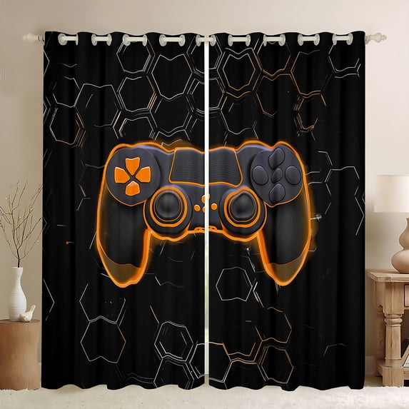 Homewish Neon Orange Gamepad Black Out Curtains for Boy, Chic Honeycomb Abstract Curtains Pack of 2 (42x63 Each), Modern Video Game Bedroom Curtains, Black Out Curtains Decor