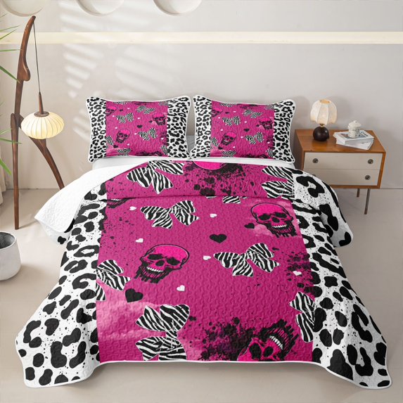 Homewish Neon Pink Skull Twin Quilt Set,Leopard Print Twin Coverlet Set,Halloween Duvet,2pcs