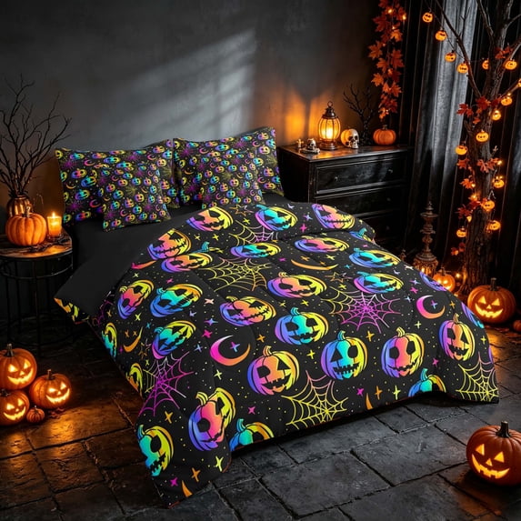 Homewish Neon Pumpkin Lantern Full Size Bedding Sets, Halloween Spider Web Moon Full Size Bed in a Bag, Black Rainbow, Black Reversible 7-Piece