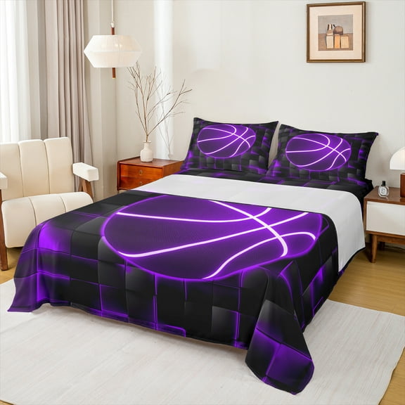 Homewish Neon Purple Basketball Twin Sheet Sets for Boys, Futuristic Square Honeycomb Twin Fitted Sheet, Sports Theme Flat Sheet, Lightweight Room Decor, 3 Pieces
