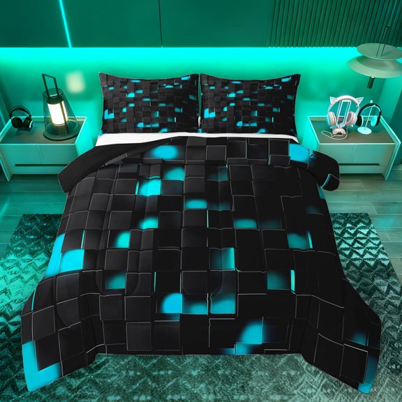 Homewish Neon Rectangle Bedding Comforter Set for Adult, Chic Abstract Ombre Twin Comforter Sets, Modern Cyan Honeycomb Reversible Bedding Set, Super Cozy Room Decor, 2-Piece