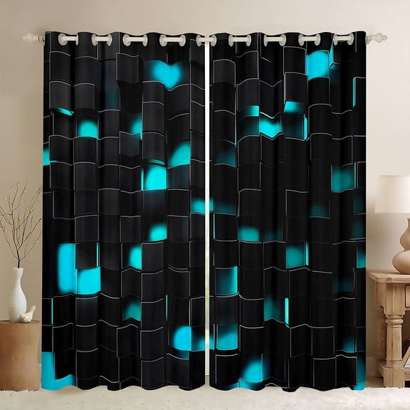 Homewish Neon Rectangle Black Out Curtains for Adult, Chic Abstract Ombre Curtains Pack of 2 (42x63 Each), Modern Cyan Honeycomb Bedroom Curtains, Curtains and Drapes Room Decor