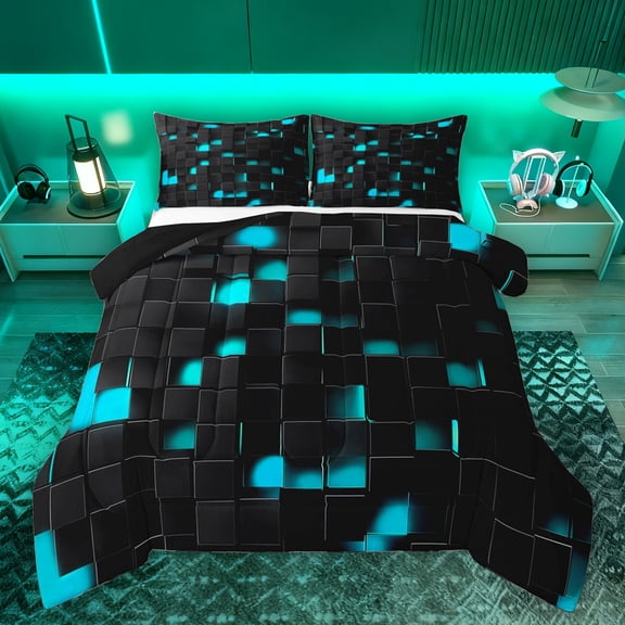 Homewish Neon Rectangle Queen Comforter Set for Adult, Chic Abstract Ombre Bedding Sets, Modern Cyan Honeycomb Reversible Bedding Comforter Set, Super Cozy Room Decor, 3-Piece