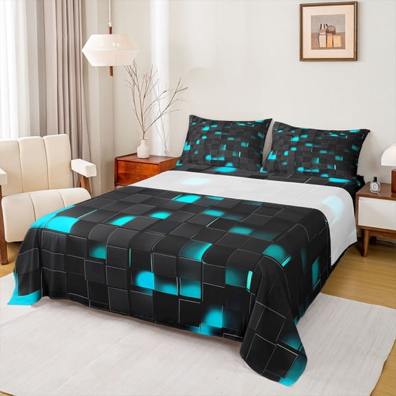 Homewish Neon Rectangle Queen Sheet Sets for Adult, Chic Abstract Ombre Flat Sheet, Modern Cyan Honeycomb Queen Fitted Sheet, Super Cozy Room Decor, 4-Piece